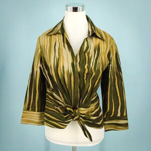 Lafayette 148 Size 10 Green Stripe V Neck Collared Button 3/4 Sleeve Cotton Top